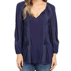 Lucky Brand Womens X-Large Navy Blue Lace Trim Boho Peasant Top Hippie Bohemian